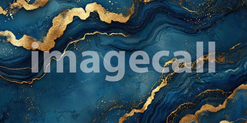 A mesmerizing abstract artwork, reminiscent of marble, where swirls of deep blue and shimmering gold create a luxurious and captivating visual experience