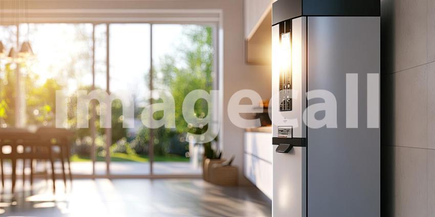 Sunlight streams through a window, illuminating a modern kitchen with a sleek refrigerator as its centerpiece. The warm light casts a welcoming glow, inviting you to imagine a cozy meal being prepared
