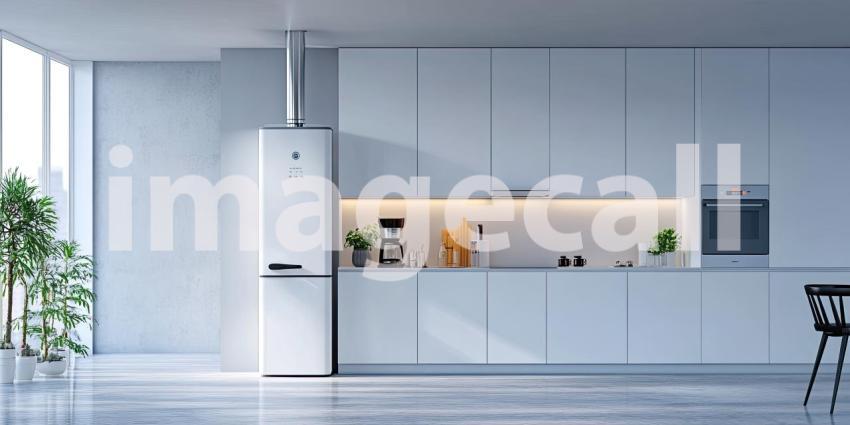 Sunlight streams through a window, illuminating a modern kitchen with a sleek refrigerator as its centerpiece. The warm light casts a welcoming glow, inviting you to imagine a cozy meal being prepared