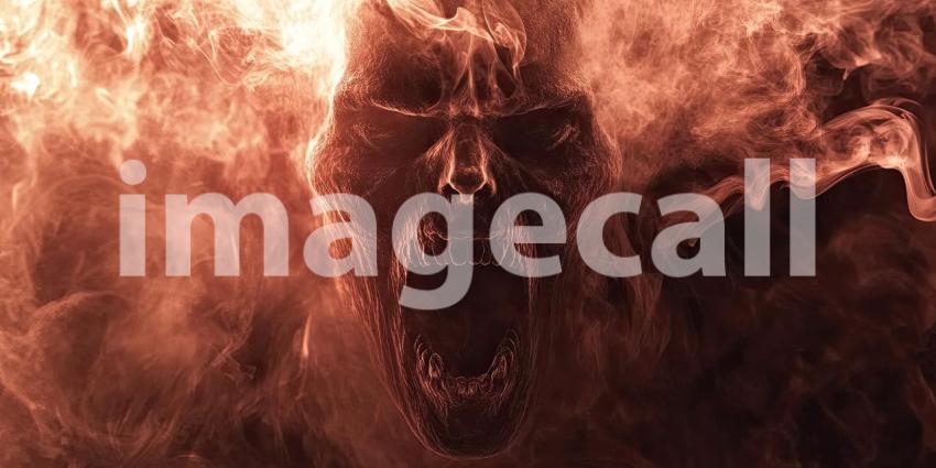 A ghostly skull emerges from a swirling cloud of smoke, casting an eerie glow and evoking a sense of otherworldly dread