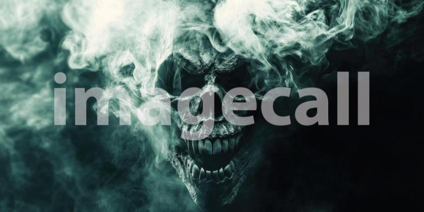 A ghostly skull emerges from a swirling cloud of smoke, casting an eerie glow and evoking a sense of otherworldly dread