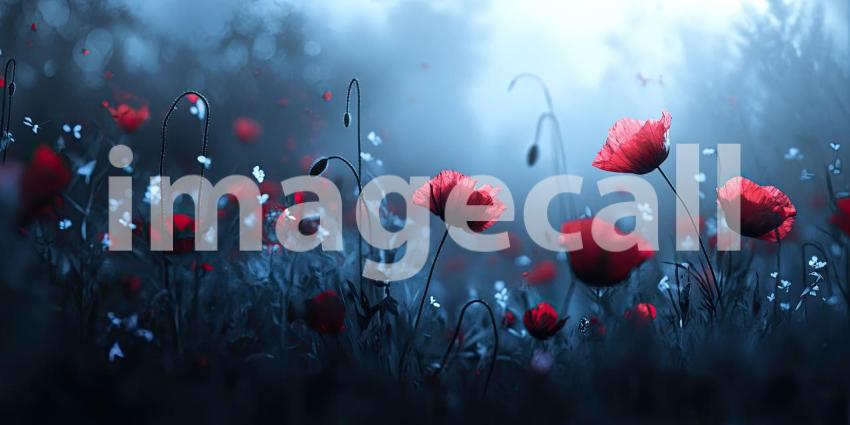 A field of vibrant red poppies, bathed in the soft light of dawn, creates a scene of ethereal beauty and tranquility
