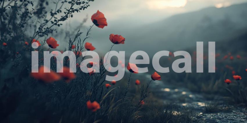 A field of vibrant red poppies, bathed in the soft light of dawn, creates a scene of ethereal beauty and tranquility