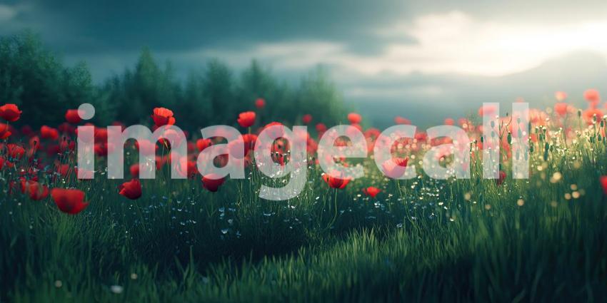 A field of vibrant red poppies, bathed in the soft light of dawn, creates a scene of ethereal beauty and tranquility