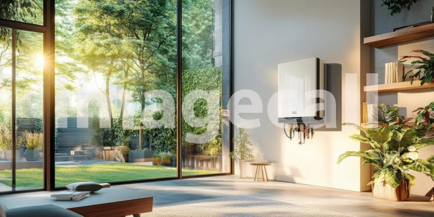 Sunlight streams through a window, illuminating a modern kitchen with a sleek refrigerator as its centerpiece. The warm light casts a welcoming glow, inviting you to imagine a cozy meal being prepared