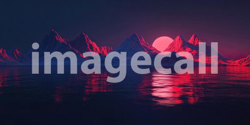 A surreal landscape where towering mountains frame a serene lake, reflecting the ethereal glow of a large, pink moon in the twilight sky