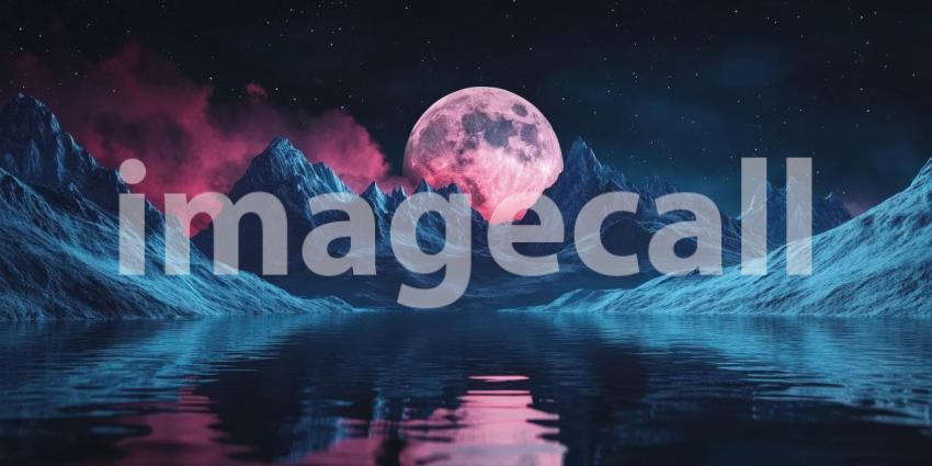 A surreal landscape where towering mountains frame a serene lake, reflecting the ethereal glow of a large, pink moon in the twilight sky