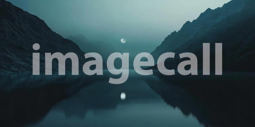 A surreal landscape where towering mountains frame a serene lake, reflecting the ethereal glow of a large, pink moon in the twilight sky