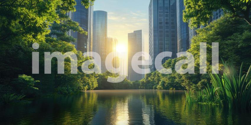 A vibrant metropolis awakens under the golden rays of the rising sun, its towering skyscrapers surrounded by a lush canopy of trees, showcasing the harmonious coexistence of urban life and nature