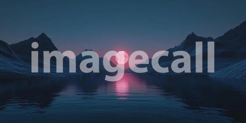 A surreal landscape where towering mountains frame a serene lake, reflecting the ethereal glow of a large, pink moon in the twilight sky