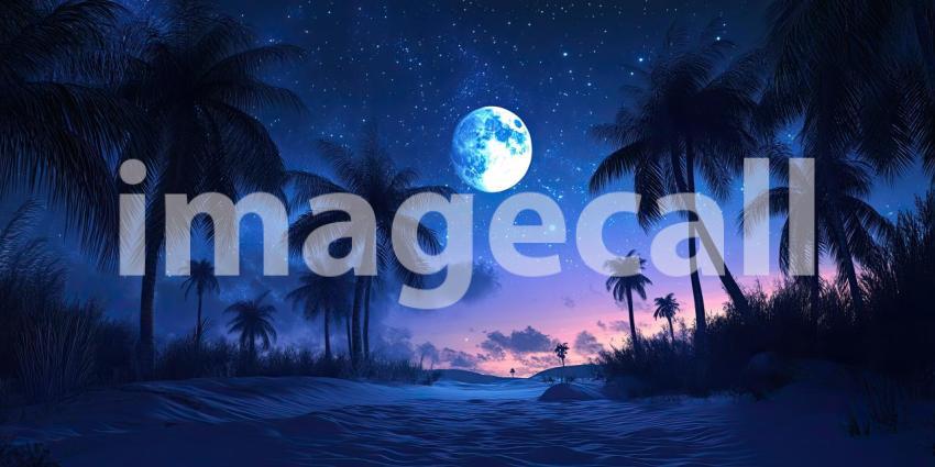 A serene tropical beach scene, bathed in the soft glow of a full moon, with swaying palm trees silhouetted against the starry sky