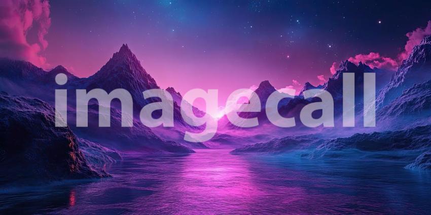 A breathtaking vista of a surreal landscape, where snow-capped mountains rise majestically against a backdrop of a vibrant purple sky, illuminated by a celestial glow