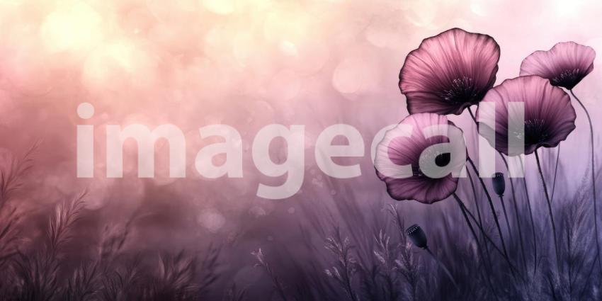 A field of vibrant red poppies, bathed in the soft light of dawn, creates a scene of ethereal beauty and tranquility