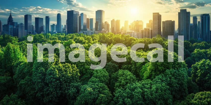 A vibrant metropolis awakens under the golden rays of the rising sun, its towering skyscrapers surrounded by a lush canopy of trees, showcasing the harmonious coexistence of urban life and nature