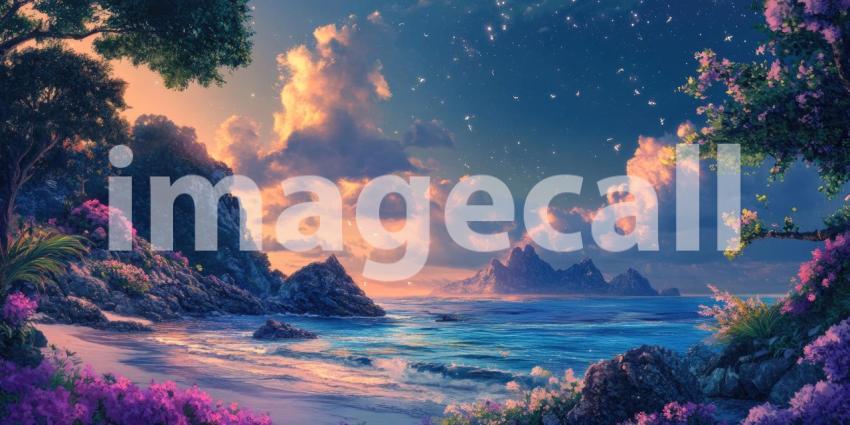 A breathtaking vista of a surreal landscape, where snow-capped mountains rise majestically against a backdrop of a vibrant purple sky, illuminated by a celestial glow