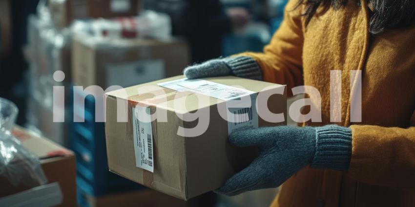 A gloved hand carefully holds a cardboard box, ready to be shipped, representing the connection and joy that gifts and packages bring during the holiday season