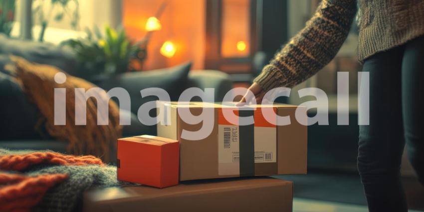 A gloved hand carefully holds a cardboard box, ready to be shipped, representing the connection and joy that gifts and packages bring during the holiday season