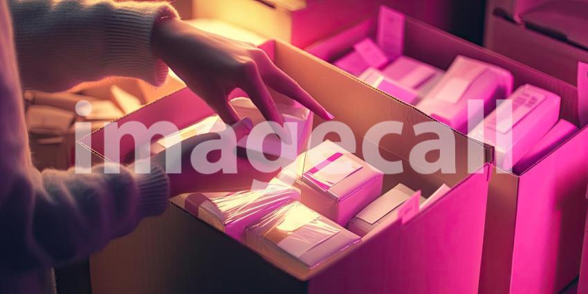 A gloved hand carefully holds a cardboard box, ready to be shipped, representing the connection and joy that gifts and packages bring during the holiday season
