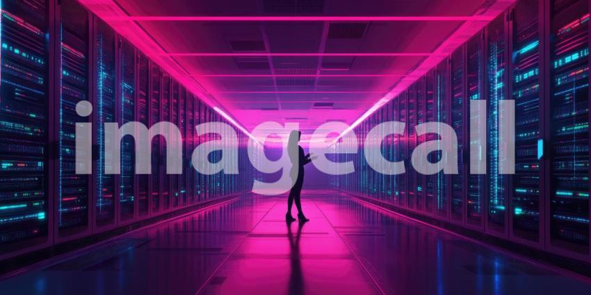 A lone figure stands amidst a sea of blinking lights and towering servers, overseeing the intricate workings of the digital world