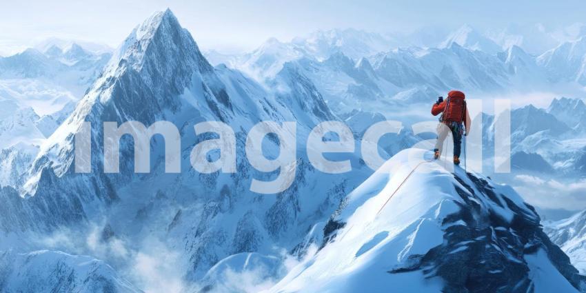 Majestic Mountain Adventure: Explorer in Bright Orange Jacket Stands Tall on a Snowy Peak, Overlooking Rugged Snow-Covered Ranges and Vast Clear Blue Sky