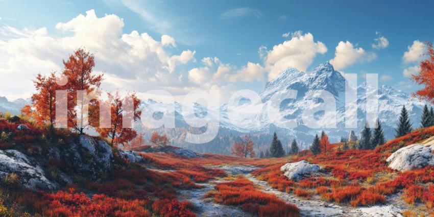 A breathtaking panorama of a mountain landscape, where vibrant autumn foliage paints the hillsides in fiery hues
