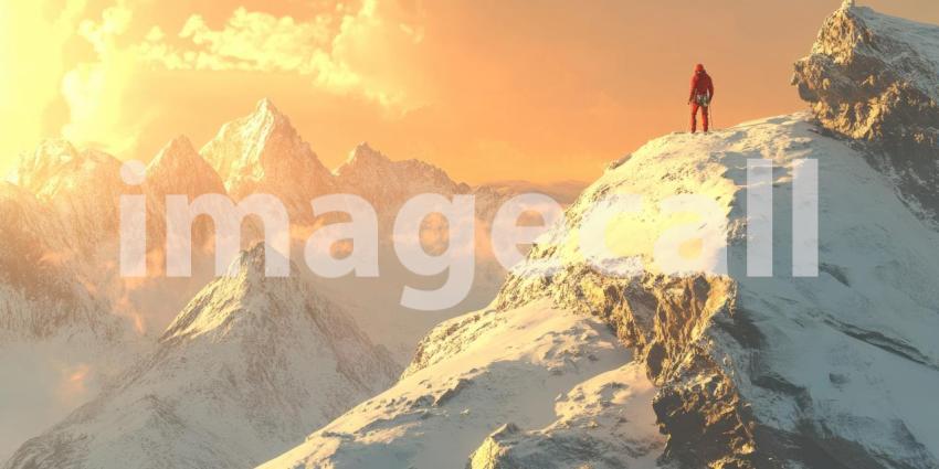 Majestic Mountain Adventure: Explorer in Bright Orange Jacket Stands Tall on a Snowy Peak, Overlooking Rugged Snow-Covered Ranges and Vast Clear Blue Sky