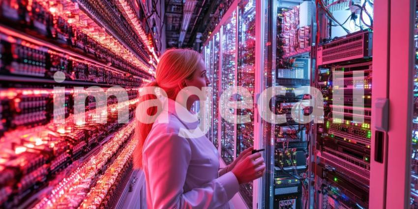 A lone figure stands amidst a sea of blinking lights and towering servers, overseeing the intricate workings of the digital world