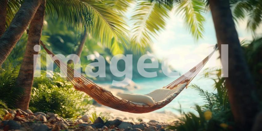 Serenity in the Sun: A hammock sways gently between two palm trees on a pristine beach, inviting you to relax and soak up the tranquility of a tropical paradise