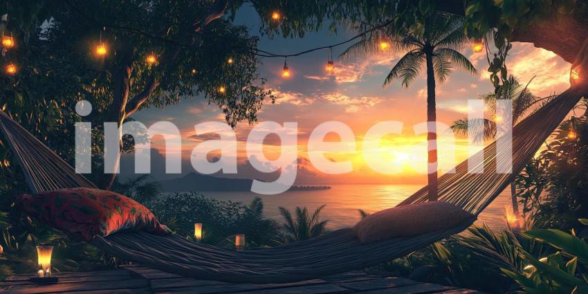 Serenity in the Sun: A hammock sways gently between two palm trees on a pristine beach, inviting you to relax and soak up the tranquility of a tropical paradise