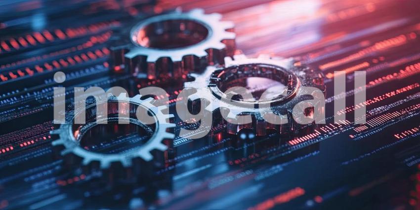 The Engine of Innovation: Cogs interlock amidst a sea of binary code, symbolizing the intricate workings of technology and its relentless march towards progress