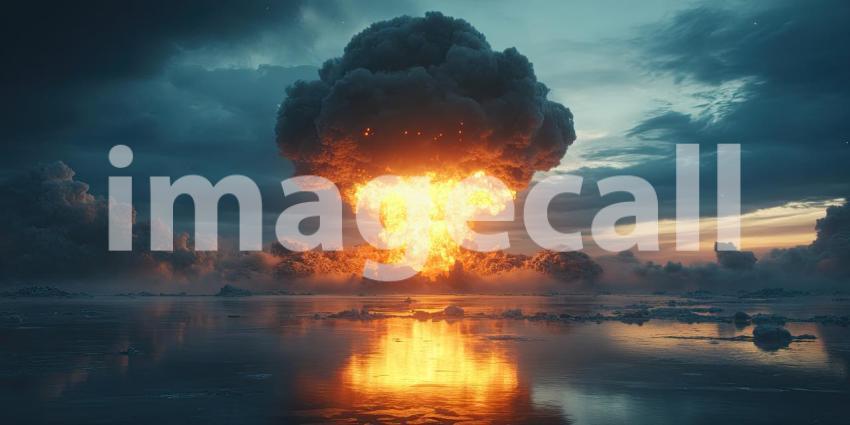 A colossal nuclear explosion erupts, casting a fiery shadow over the landscape, a stark reminder of the devastating power of such weapons