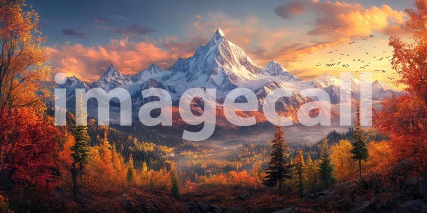 A breathtaking panorama of a mountain landscape, where vibrant autumn foliage paints the hillsides in fiery hues