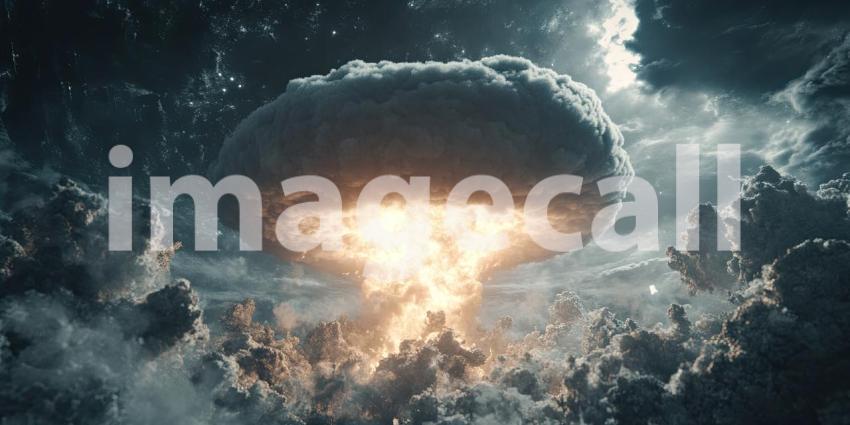A colossal nuclear explosion erupts, casting a fiery shadow over the landscape, a stark reminder of the devastating power of such weapons