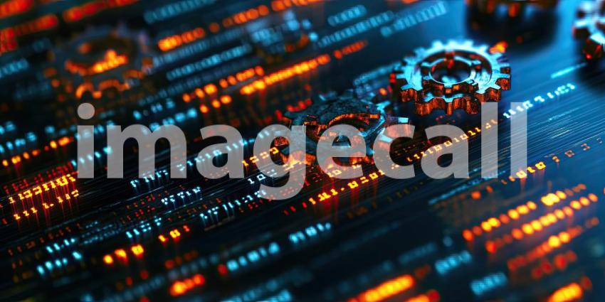 The Engine of Innovation: Cogs interlock amidst a sea of binary code, symbolizing the intricate workings of technology and its relentless march towards progress