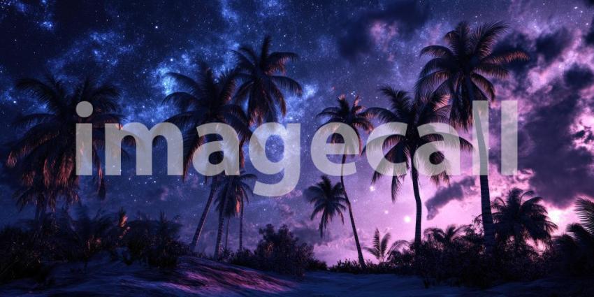 A serene tropical beach scene, bathed in the soft glow of a full moon, with swaying palm trees silhouetted against the starry sky