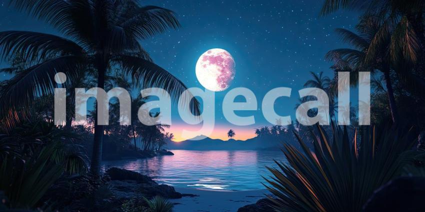 A serene tropical beach scene, bathed in the soft glow of a full moon, with swaying palm trees silhouetted against the starry sky