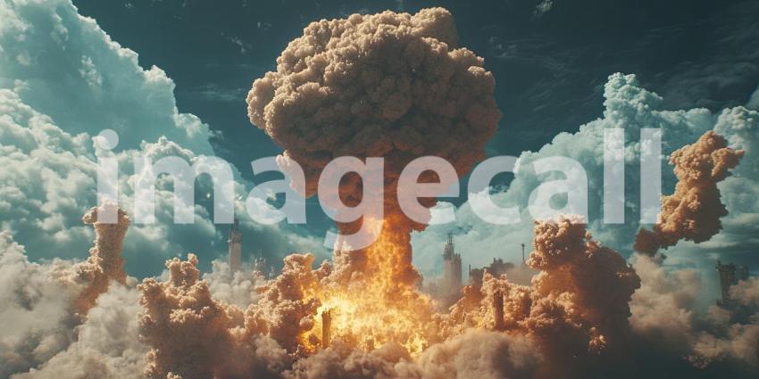 A colossal nuclear explosion erupts, casting a fiery shadow over the landscape, a stark reminder of the devastating power of such weapons