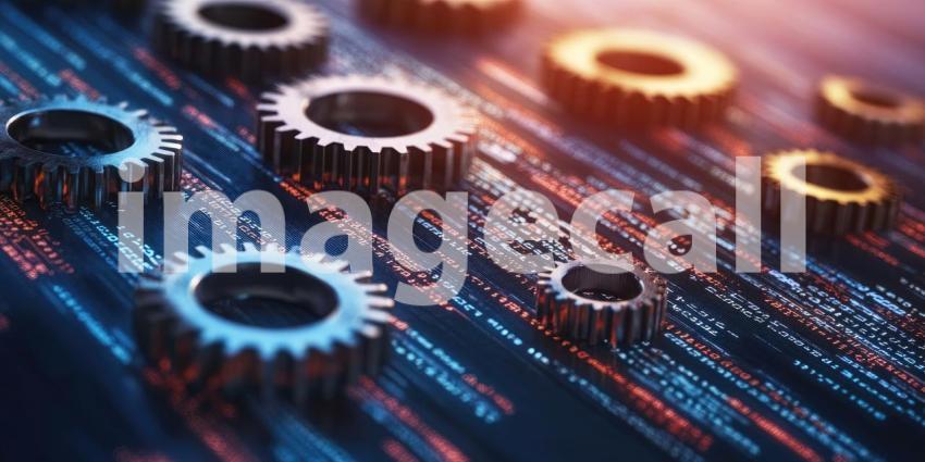 The Engine of Innovation: Cogs interlock amidst a sea of binary code, symbolizing the intricate workings of technology and its relentless march towards progress