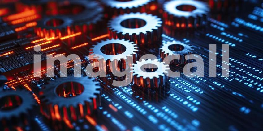 The Engine of Innovation: Cogs interlock amidst a sea of binary code, symbolizing the intricate workings of technology and its relentless march towards progress