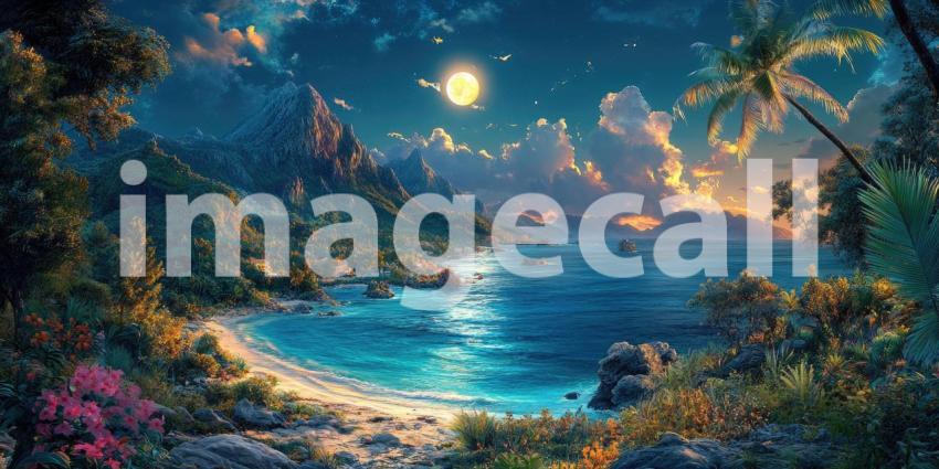 A breathtaking vista of a surreal landscape, where snow-capped mountains rise majestically against a backdrop of a vibrant purple sky, illuminated by a celestial glow