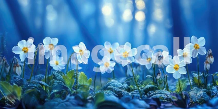 A field of delicate white flowers, bathed in a soft, ethereal light, creates a magical and enchanting scene within a mystical forest