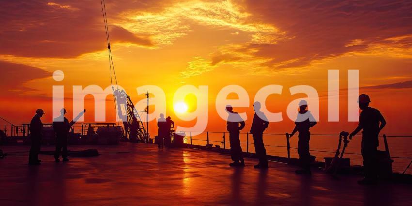 Four Figures in Hard Hats and Work Gear at Sunset on a Maritime Platform with a Vivid Orange, Yellow, and Purple Sky, Ocean in the Background