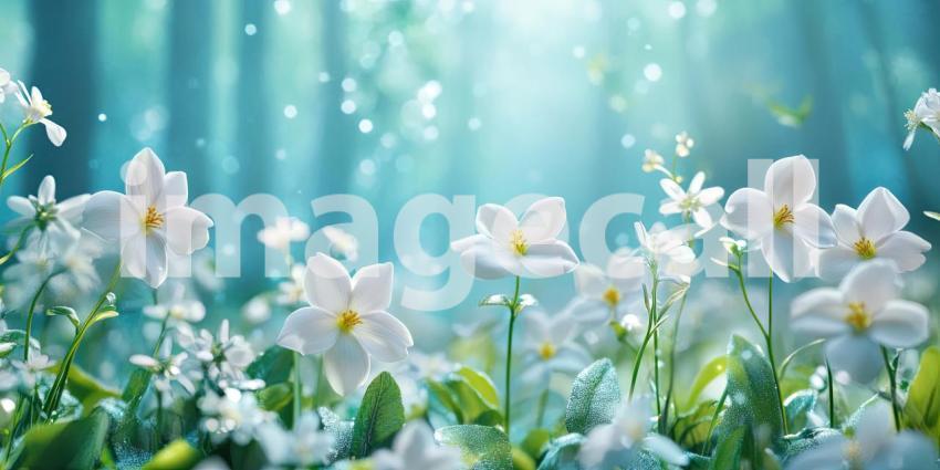 A field of delicate white flowers, bathed in a soft, ethereal light, creates a magical and enchanting scene within a mystical forest
