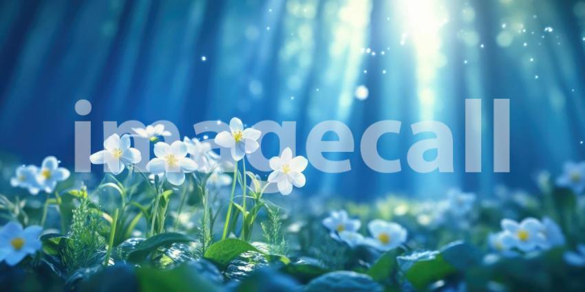 A field of delicate white flowers, bathed in a soft, ethereal light, creates a magical and enchanting scene within a mystical forest