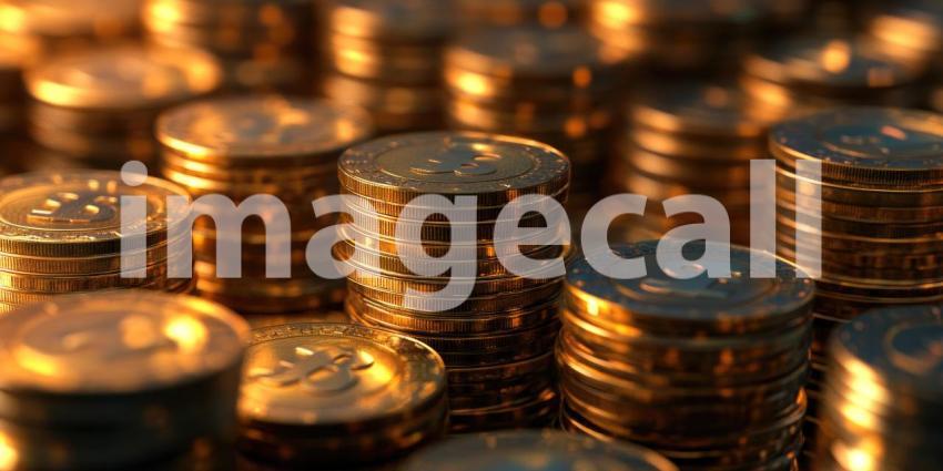 Stacks of gleaming gold coins shimmer under the light, symbolizing prosperity, abundance, and the allure of riches