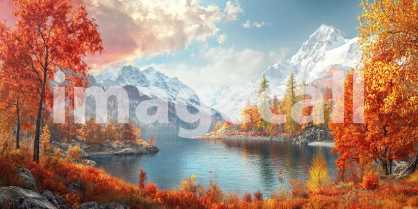 A breathtaking panorama of a mountain landscape, where vibrant autumn foliage paints the hillsides in fiery hues