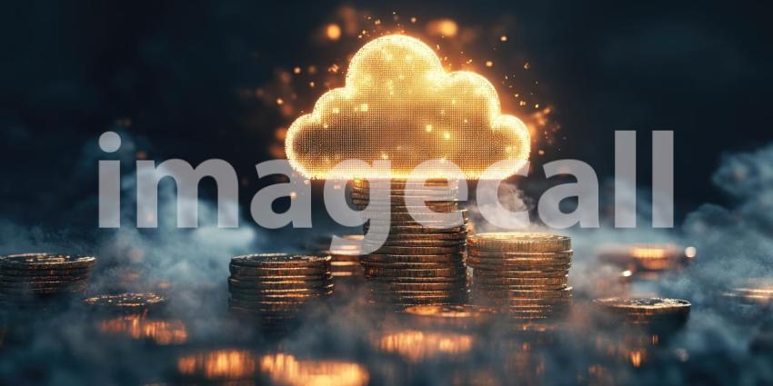 A luminous cloud icon hovers above a towering stack of gold coins, symbolizing the immense value and potential of cloud computing in today's digital landscape