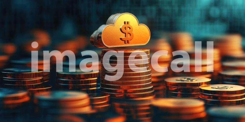 A luminous cloud icon hovers above a towering stack of gold coins, symbolizing the immense value and potential of cloud computing in today's digital landscape