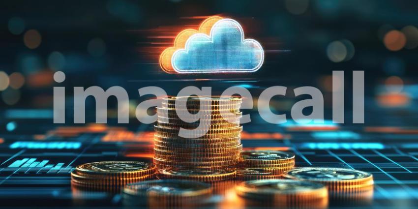 A luminous cloud icon hovers above a towering stack of gold coins, symbolizing the immense value and potential of cloud computing in today's digital landscape