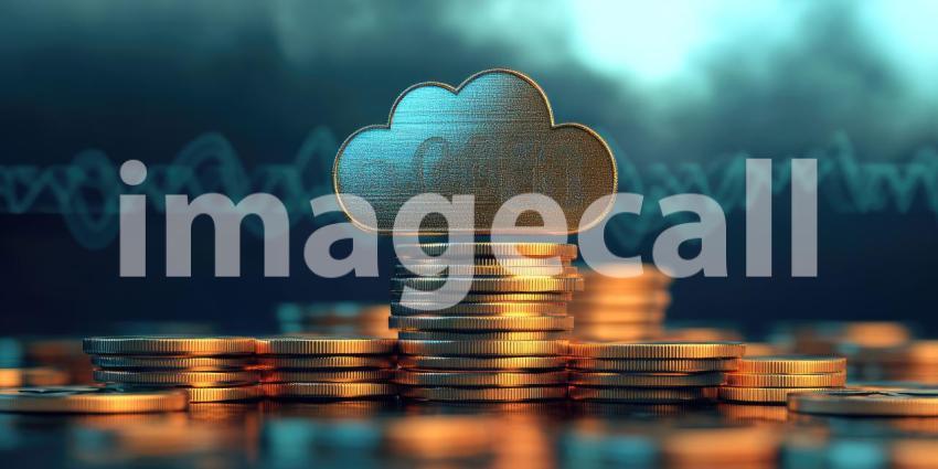 A luminous cloud icon hovers above a towering stack of gold coins, symbolizing the immense value and potential of cloud computing in today's digital landscape